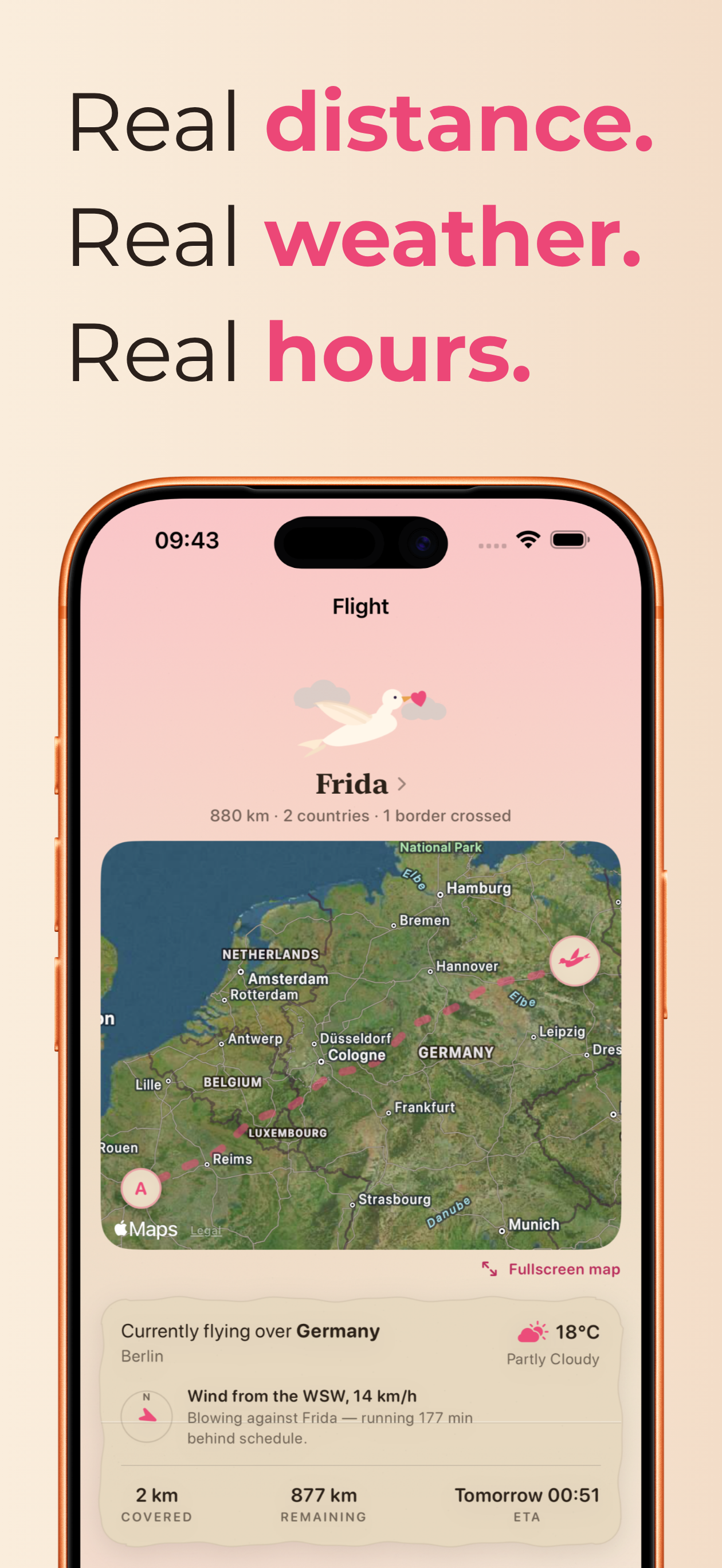 Liebestaube screenshot: Real distance. Real weather. Real hours.