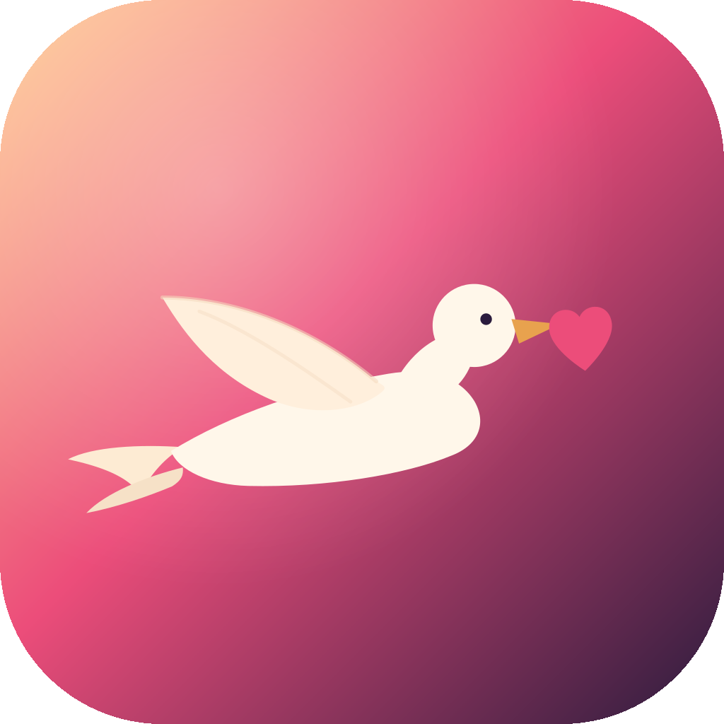 Liebestaube app icon: a cream pigeon carrying a heart, on a rose-to-plum gradient